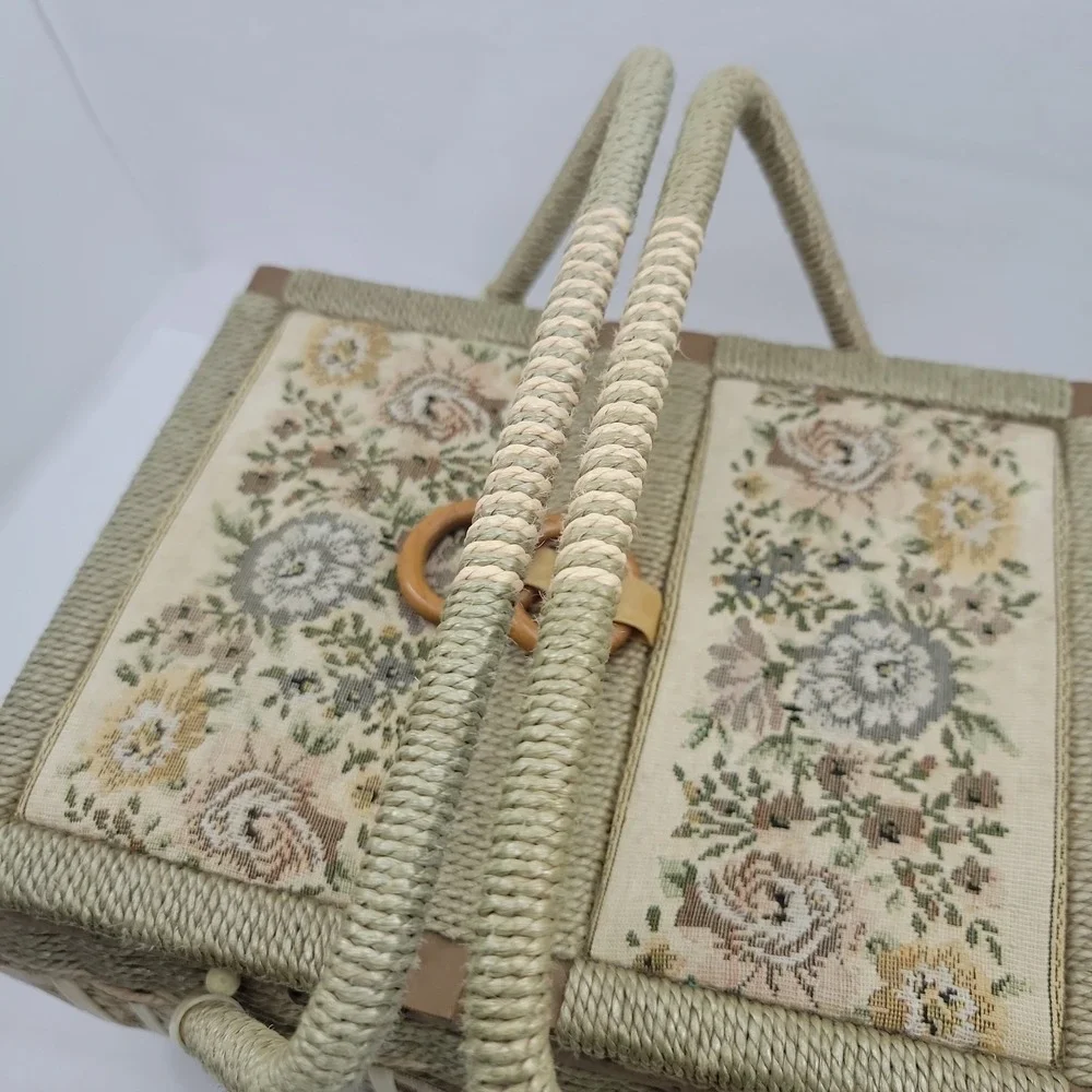 Vintage Wicker Floral Tapestry Sewing Basket Box Double Lid Wood Handle W/ Tray